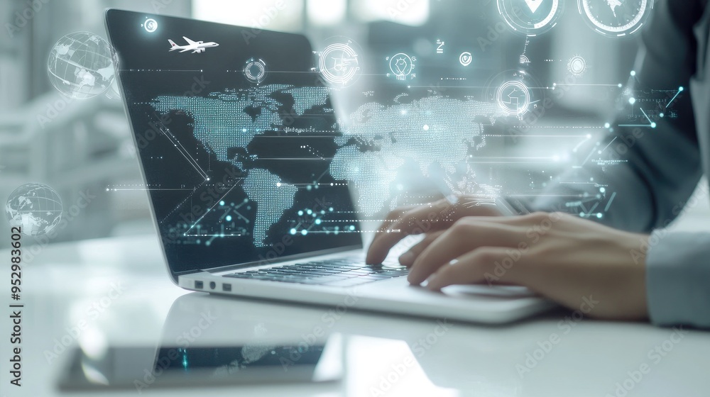 A person typing on a laptop with overlaid digital graphics of a world map and airplane. A person typing on a laptop with overlaid digital graphics of a world map and airplane.