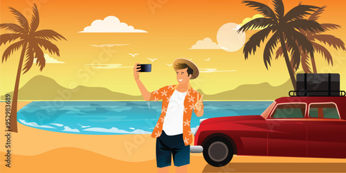 Young tourist man taking pictures of him self with phone . Travel relaxing and enjoying road trip. Happy traveller rides into the beach in vintage car.