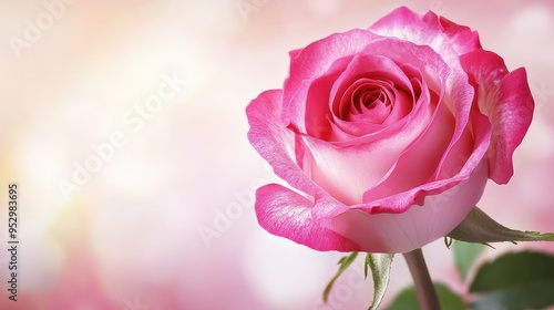 A detailed image of a vibrant pink rose with space on the top for text, set against a soft background, ideal for romantic occasions.