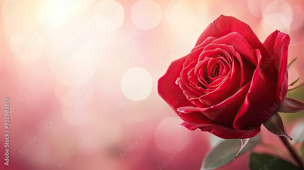 A detailed image of a vibrant red rose with space on the right for text, set against a soft-focus background, ideal for Valentine's Day. A detailed image of a vibrant red rose with space on the right for text, set against a soft-focus background, ideal for Valentine's Day.