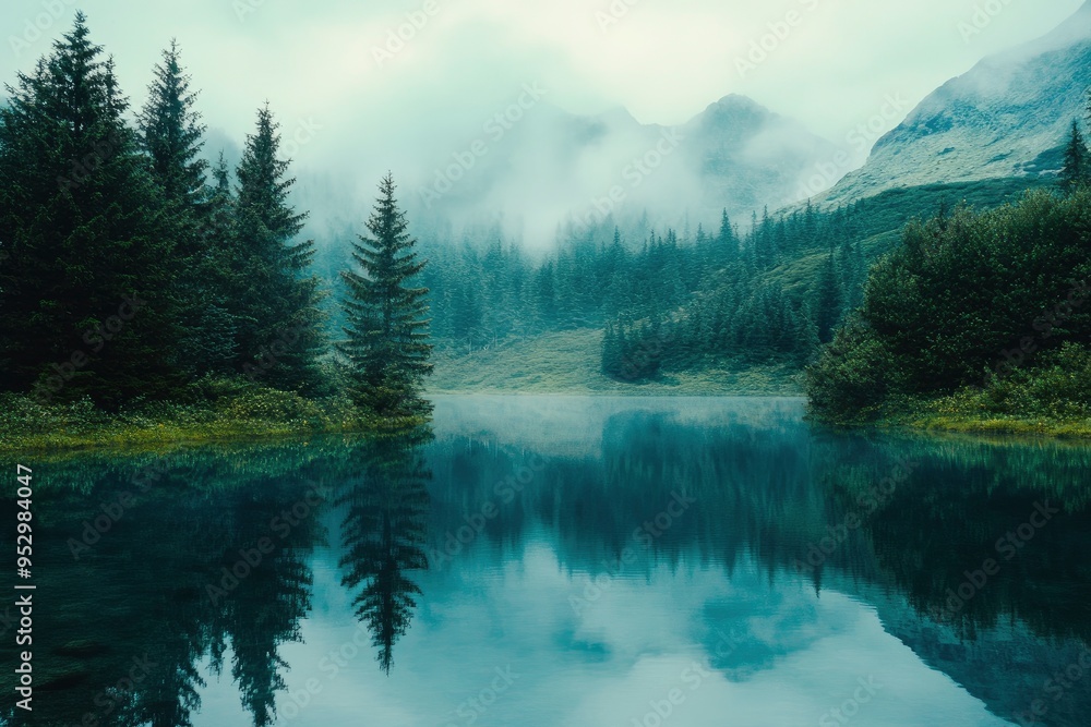 Fototapeta premium Lake Between Forests And Mountains , ai