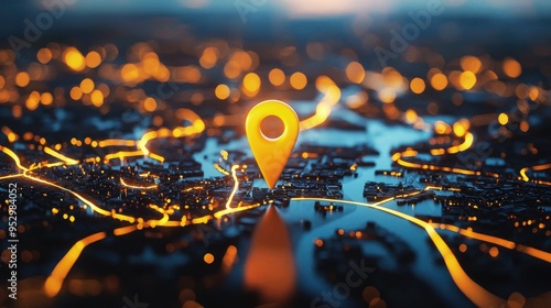 A glowing location pin sits on a map of a city illuminated by streetlights at night.