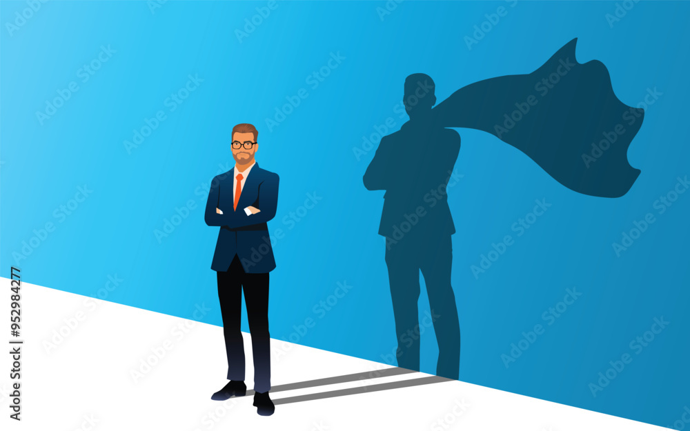 Businessman dreams of becoming a superhero. Confident handsome man standing superhero shadow concept. Businessman dreams of becoming a superhero. Confident handsome man standing superhero shadow concept.