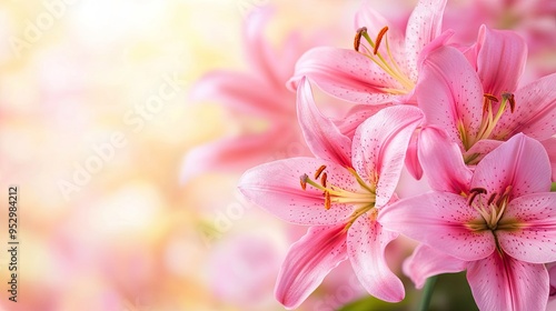 A detailed image of pink lilies with space on the top for text, set against a soft background, perfect for a celebration.