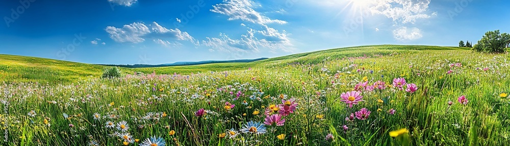 Vibrant flower-filled meadow under a bright blue sky, showcasing lush greenery and colorful blossoms in a serene landscape. Vibrant flower-filled meadow under a bright blue sky, showcasing lush greenery and colorful blossoms in a serene landscape.