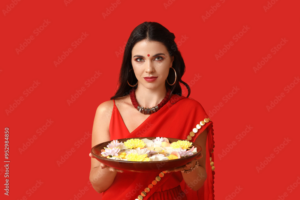 Beautiful young Indian woman in sari holding plate with candles and flowers on red background. Divaly celebration Beautiful young Indian woman in sari holding plate with candles and flowers on red background. Divaly celebration