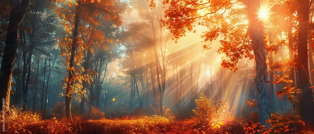 Golden Sunlight Illuminates a Misty Autumn Forest Golden Sunlight Illuminates a Misty Autumn Forest