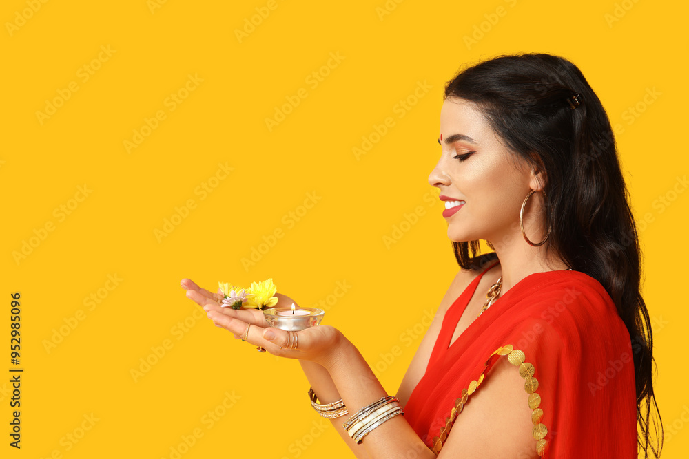 Young happy Indian woman in traditional sari with burning candle and flowers on yellow background. Divaly celebration Young happy Indian woman in traditional sari with burning candle and flowers on yellow background. Divaly celebration