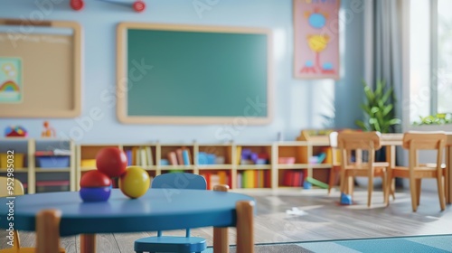 school classroom with supplies and toy