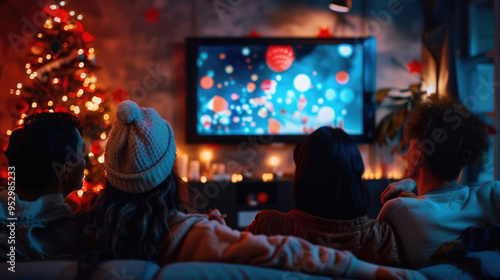 Cozy Family Watching TV Together During Christmas Holiday with Festive Decorations and Warm Lighting