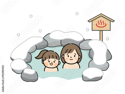 冬の露天風呂とリラックスして入浴する若い女性と子供