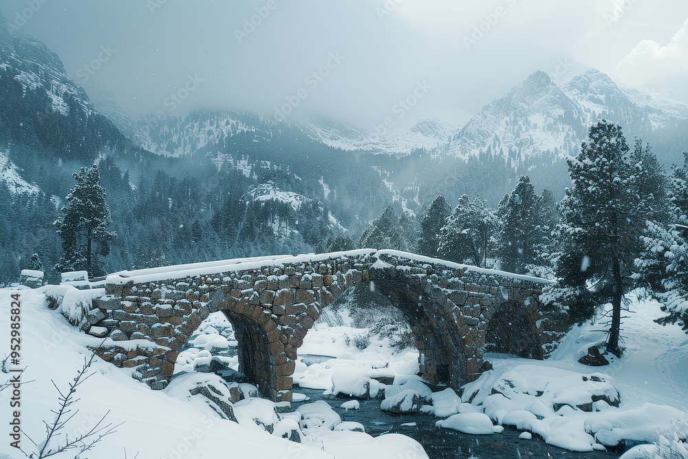 Fototapeta premium Snow-Covered Stone Bridge in Winter Wonderland