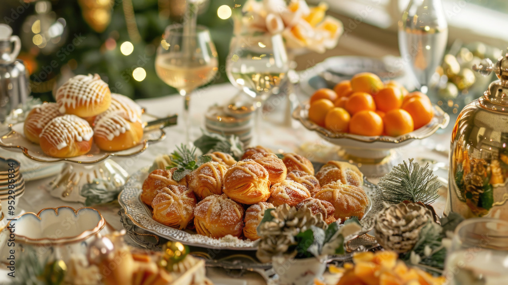 Elegant Holiday Dessert Table with Pastries, Fruits, and Festive Decorations in Warm Lighting