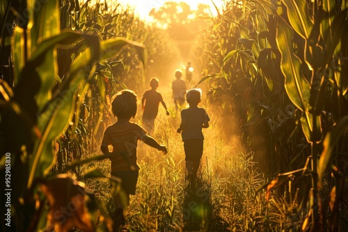 Cornfield Kids Frolic in Golden Sunlight photo