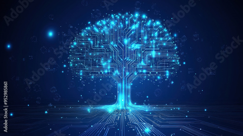 Abstract tree made of circuit board with neon effect and bokeh in futuristics concept.