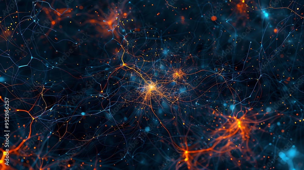 Obraz premium A digital representation of neural connections in the brain, showcasing intricate networks and glowing synapses.