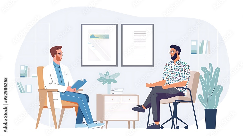 A therapist and client engaged in a counseling session in a modern office setting. A therapist and client engaged in a counseling session in a modern office setting.