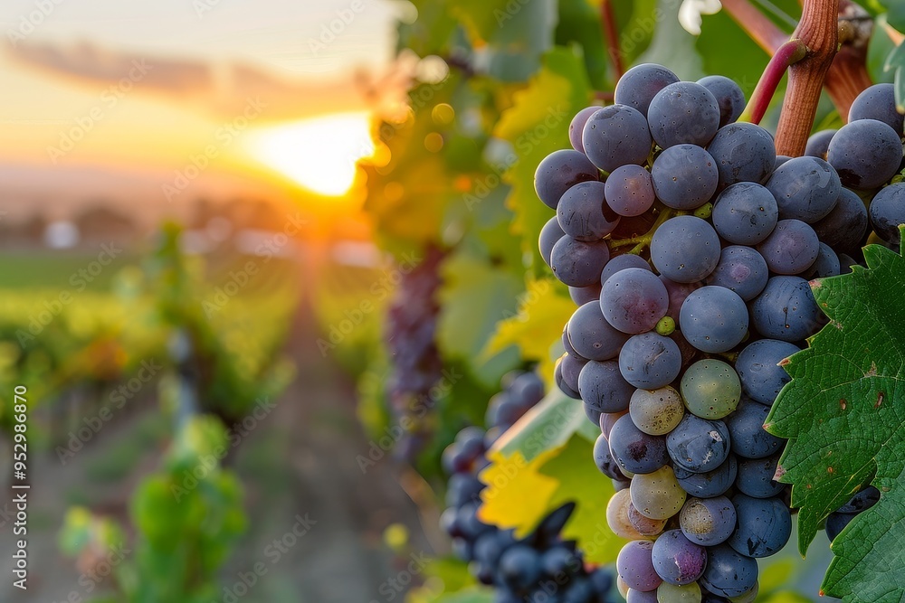 Naklejka premium Vineyard Sunrise with Winery and Ripening Grapes