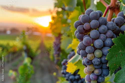 Vineyard Sunrise with Winery and Ripening Grapes