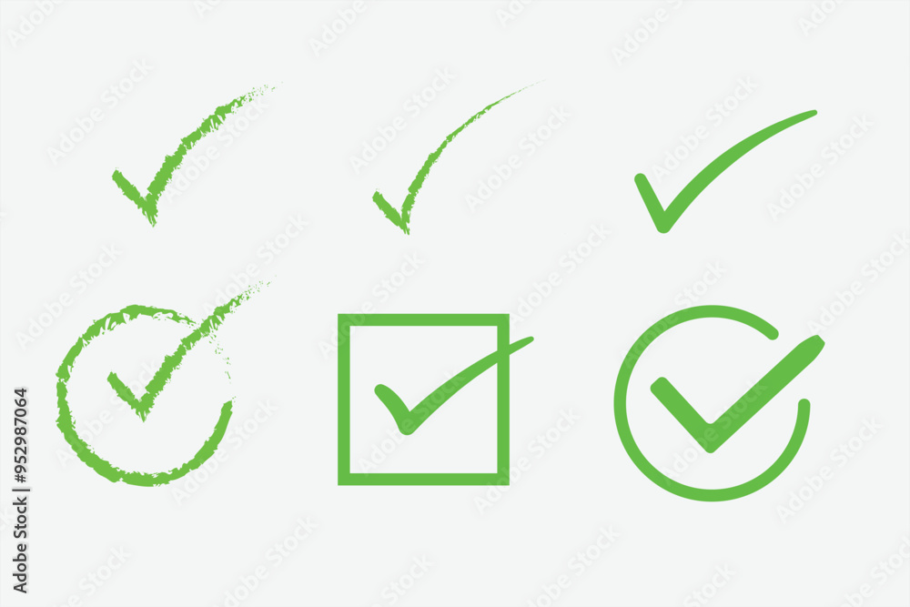 Green check marks, Circles and squares. Tick symbol in green color, vector illustration. Green check marks, Circles and squares. Tick symbol in green color, vector illustration.