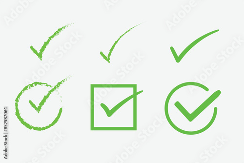 Green check marks, Circles and squares. Tick ​​symbol in green color, vector illustration.