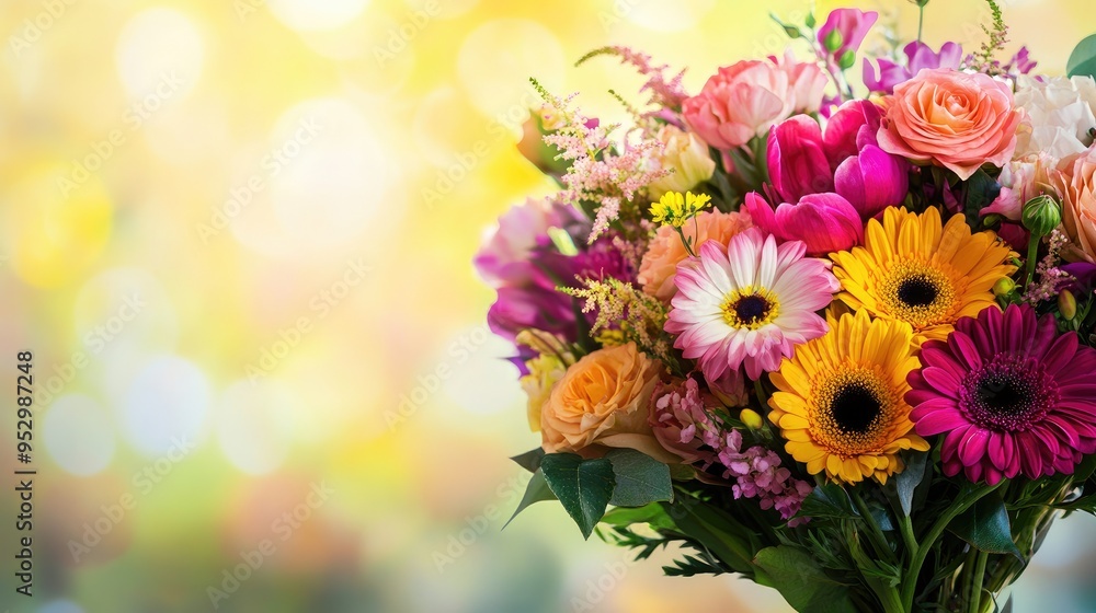 A realistic bouquet of mixed flowers with vibrant colors, set against a blurred background with ample space for text, perfect for anniversaries. A realistic bouquet of mixed flowers with vibrant colors, set against a blurred background with ample space for text, perfect for anniversaries.