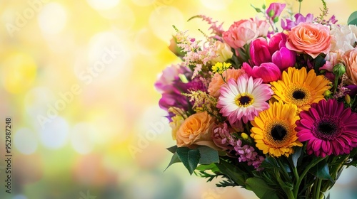 A realistic bouquet of mixed flowers with vibrant colors, set against a blurred background with ample space for text, perfect for anniversaries.