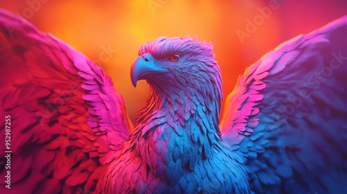 Mythical animals, griffins and phoenixes, fantasy world, 3D illustration photo