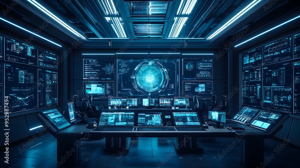 Sleek command center with a high-tech setup large screens a team of operators and a holographic map Sleek and modern with cool blue tones holographic elements and detailed 3D interfaces Sleek command center with a high-tech setup large screens a team of operators and a holographic map Sleek and modern with cool blue tones holographic elements and detailed 3D interfaces