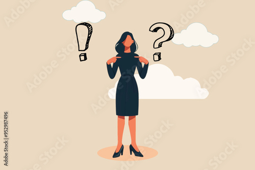 Business decision making, choosing wrong or right alternative or choice, a career woman standing between a question mark and an exclamation mark