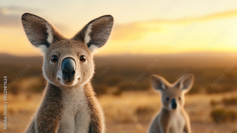Australian animals, kangaroos and koalas, outback setting, 3D illustration Australian animals, kangaroos and koalas, outback setting, 3D illustration
