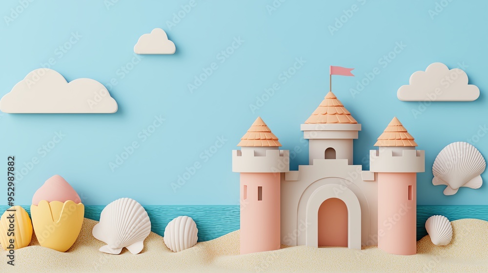 Growth chart, beach theme, sandcastles and seashells, 3D illustration Growth chart, beach theme, sandcastles and seashells, 3D illustration