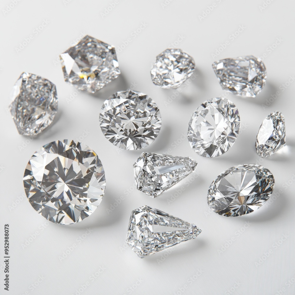 Diamond Collection: A pristine collection of sparkling diamonds of various cuts and sizes, showcasing their brilliance and elegance. Diamond Collection: A pristine collection of sparkling diamonds of various cuts and sizes, showcasing their brilliance and elegance.
