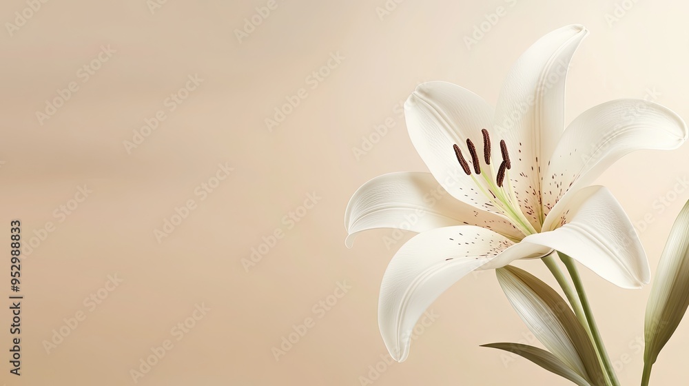 Obraz premium A realistic white lily with detailed petals, set against a neutral background with space for text on the right, ideal for elegant invitations.