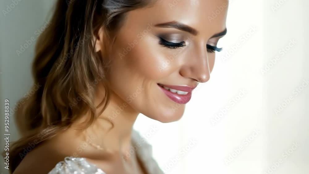Closeup of a beautiful young bride smiling, showcasing perfect makeup against a clean white background. Radiating happiness, her flawless skin and elegant features highlight her beauty Closeup of a beautiful young bride smiling, showcasing perfect makeup against a clean white background. Radiating happiness, her flawless skin and elegant features highlight her beauty
