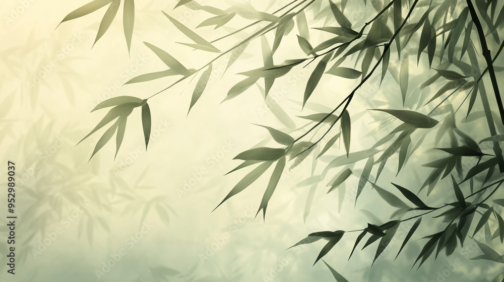 Soft Bamboo Leaves in Misty Background, Tranquil Nature Design with Copy Space Soft Bamboo Leaves in Misty Background, Tranquil Nature Design with Copy Space