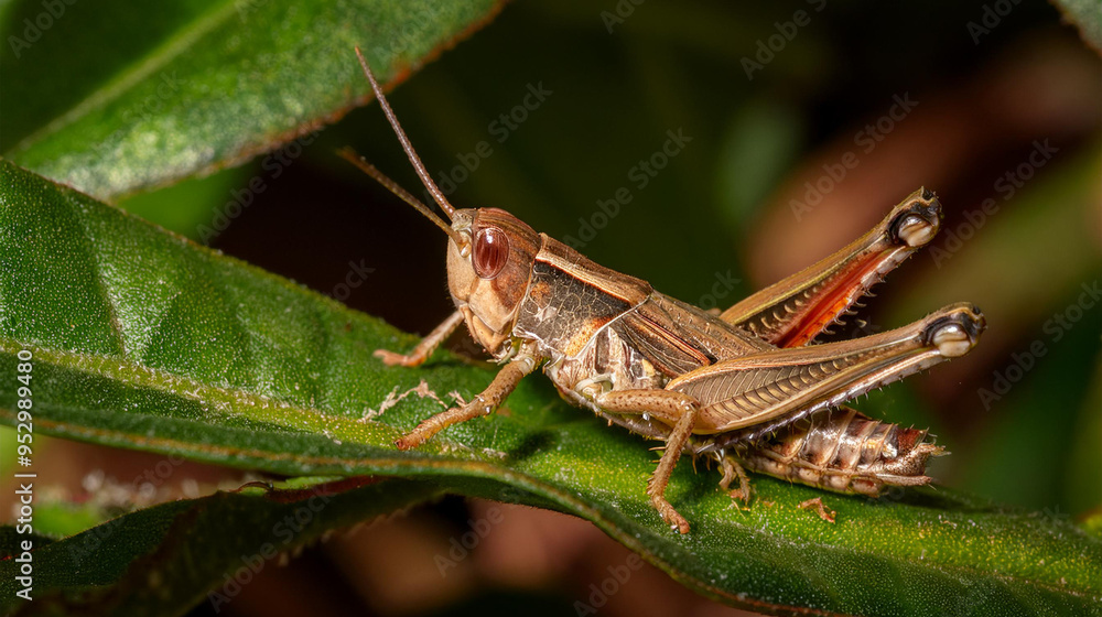 Macro photography of a grasshopper standing along a leaf with blur foliage background Macro photography of a grasshopper standing along a leaf with blur foliage background