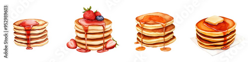 A delicious illustration of stacked pancakes topped with syrup and fruits, perfect for breakfast-themed designs and recipes. isolated on a transparent background