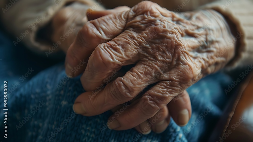 Fototapeta premium Close-up of aged hands resting on a lap, symbolizing wisdom and the passage of time.