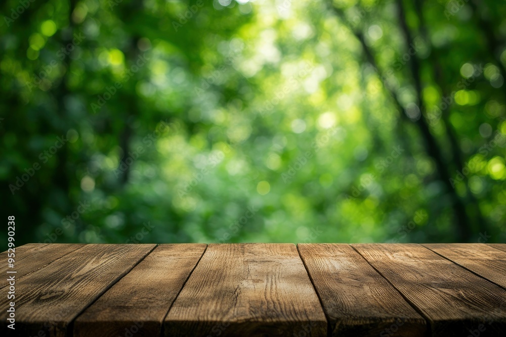 Empty wood table top with blur background of nature lush green forest. The table giving copy space for placing advertising product on the table along with beautiful green forest nature background , ai Empty wood table top with blur background of nature lush green forest. The table giving copy space for placing advertising product on the table along with beautiful green forest nature background , ai