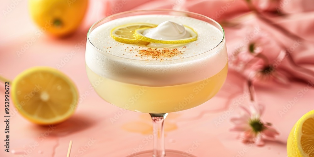 Refreshing Pisco Sour Cocktail Featuring a Combination of Pisco, Lemon Juice, Syrup, and Egg White Refreshing Pisco Sour Cocktail Featuring a Combination of Pisco, Lemon Juice, Syrup, and Egg White