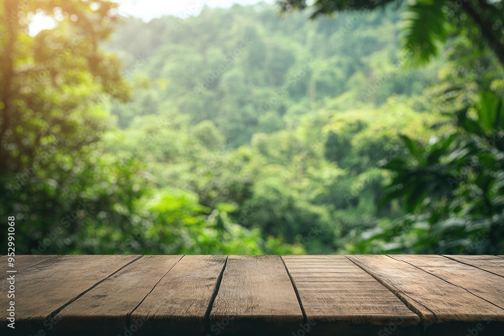 Empty wood table top with blur background of nature lush green forest. The table giving copy space for placing advertising product on the table along with beautiful green forest nature background , ai Empty wood table top with blur background of nature lush green forest. The table giving copy space for placing advertising product on the table along with beautiful green forest nature background , ai