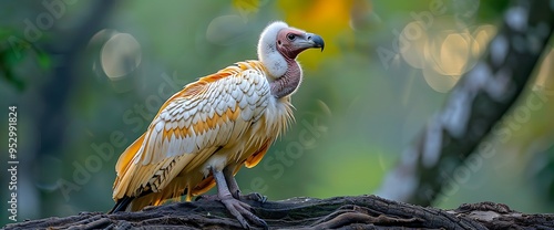 A white-rumped vulture perches on a branch with a blurry green background. photo