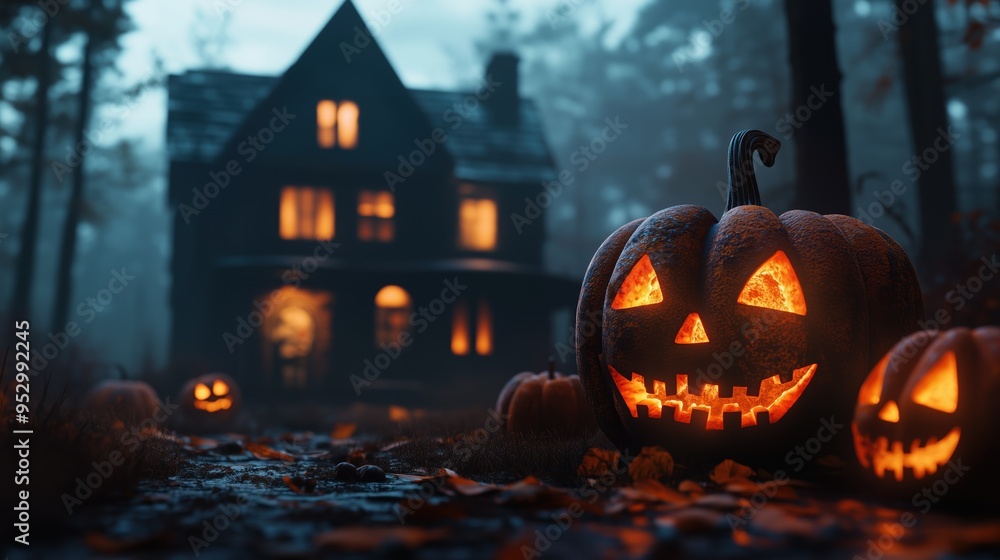 Spooky Halloween scene with pumpkins and a haunted house Spooky Halloween scene with pumpkins and a haunted house