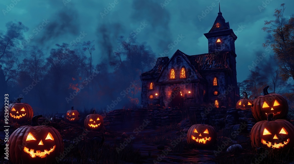 Spooky Halloween scene with pumpkins and a haunted house Spooky Halloween scene with pumpkins and a haunted house