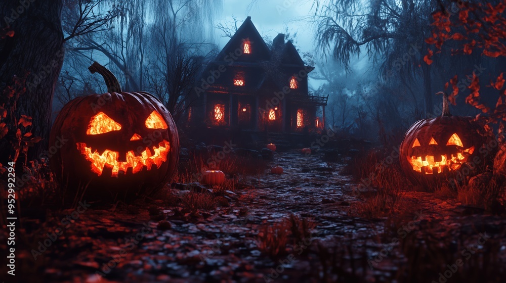 Spooky Halloween scene with pumpkins and a haunted house Spooky Halloween scene with pumpkins and a haunted house