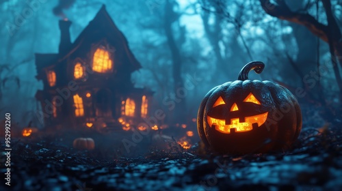 Spooky Halloween scene with pumpkins and a haunted house