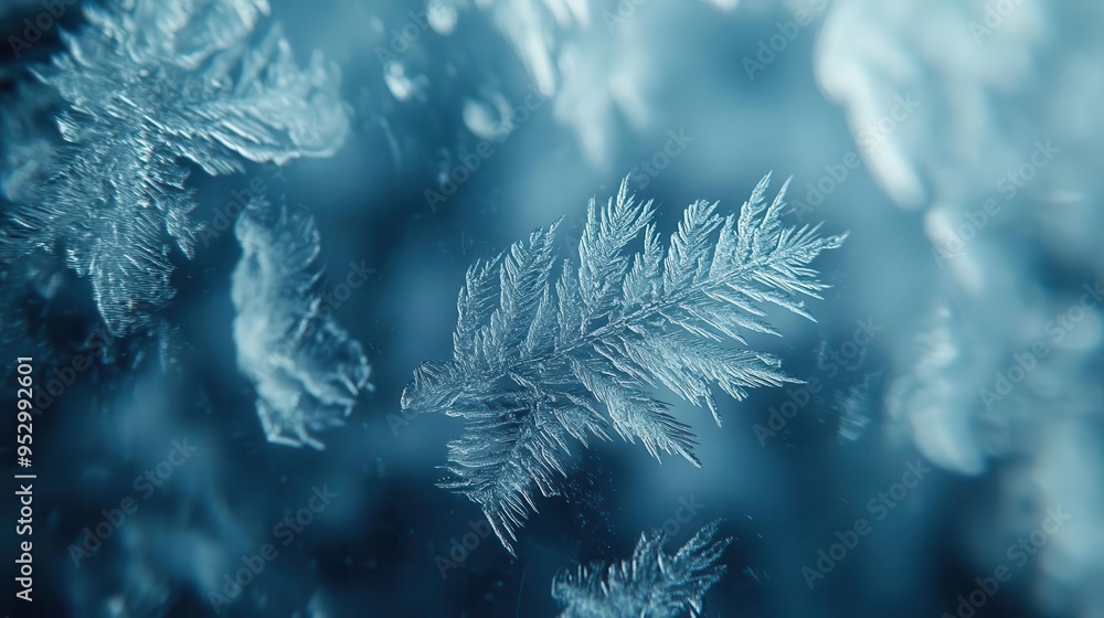 Frost on windows forming intricate patterns, with soft light illuminating the frosty designs, Detailed, Cool Tones, Macro Frost on windows forming intricate patterns, with soft light illuminating the frosty designs, Detailed, Cool Tones, Macro