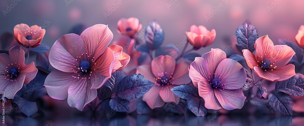 Delicate pink flowers with soft blue leaves in a dreamy setting. Delicate pink flowers with soft blue leaves in a dreamy setting.