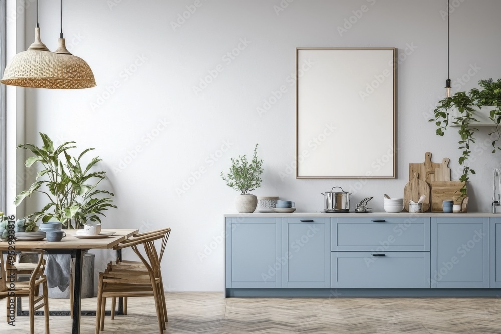Poster Mockup in Kitchen Interior with White Wall created with Generative AI Poster Mockup in Kitchen Interior with White Wall created with Generative AI